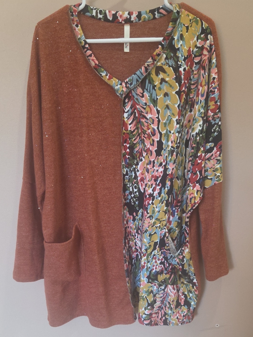 Rust Floral-Panel V-Neck Women’s Tunic